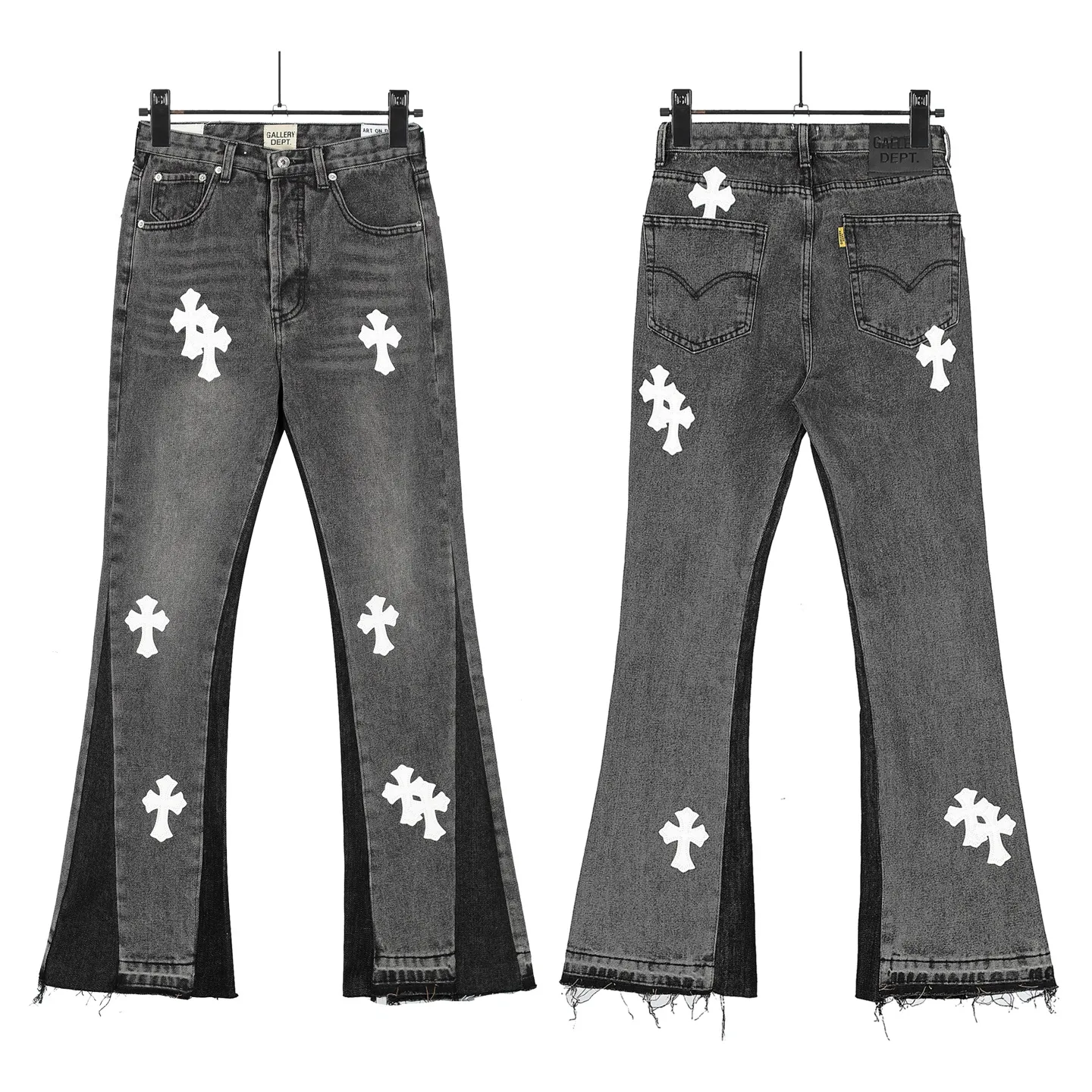 #8160 P260💰 Independent GALLERY DEPT. Vintage spliced black and gray snowflake pattern cross loose washed flared jeans - truly restore the ultimate texture of Vintage - original hardware accessories washed and other elevators, QR code analysis are all purchased from the original factory, high degree of restoration, you are welcome to compare with a certain product ~ - three-dimensional version Loose and comfortable, not picky about the figure, taller and slimmer, factory Seiko, original factory quality control, same style for men and women, can be matched with couples, versatile recommendation Essential jeans for all seasons - sizes: 28 30 32 34 36